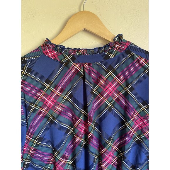 New! CATO Size Xl Blue Pink Berry Plaid Ruffle Neck Tie Waist Sheer Long Sleeve - Picture 8 of 8